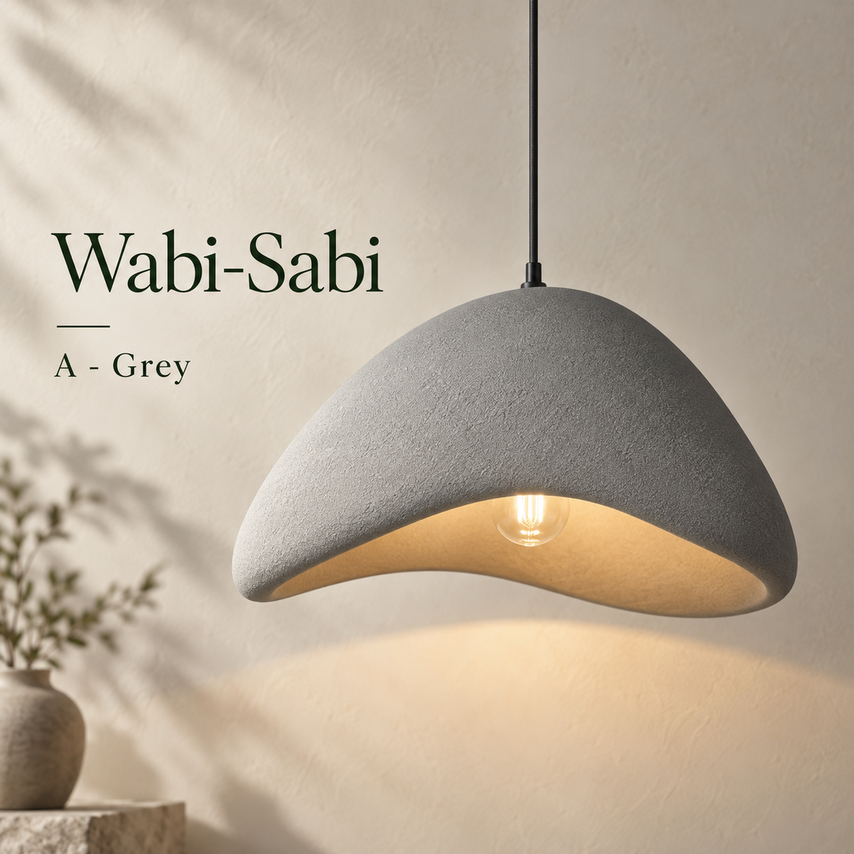 Wavy Grey shade option: grey textured resin pendant light with an organic wavy edge and warm LED light inside