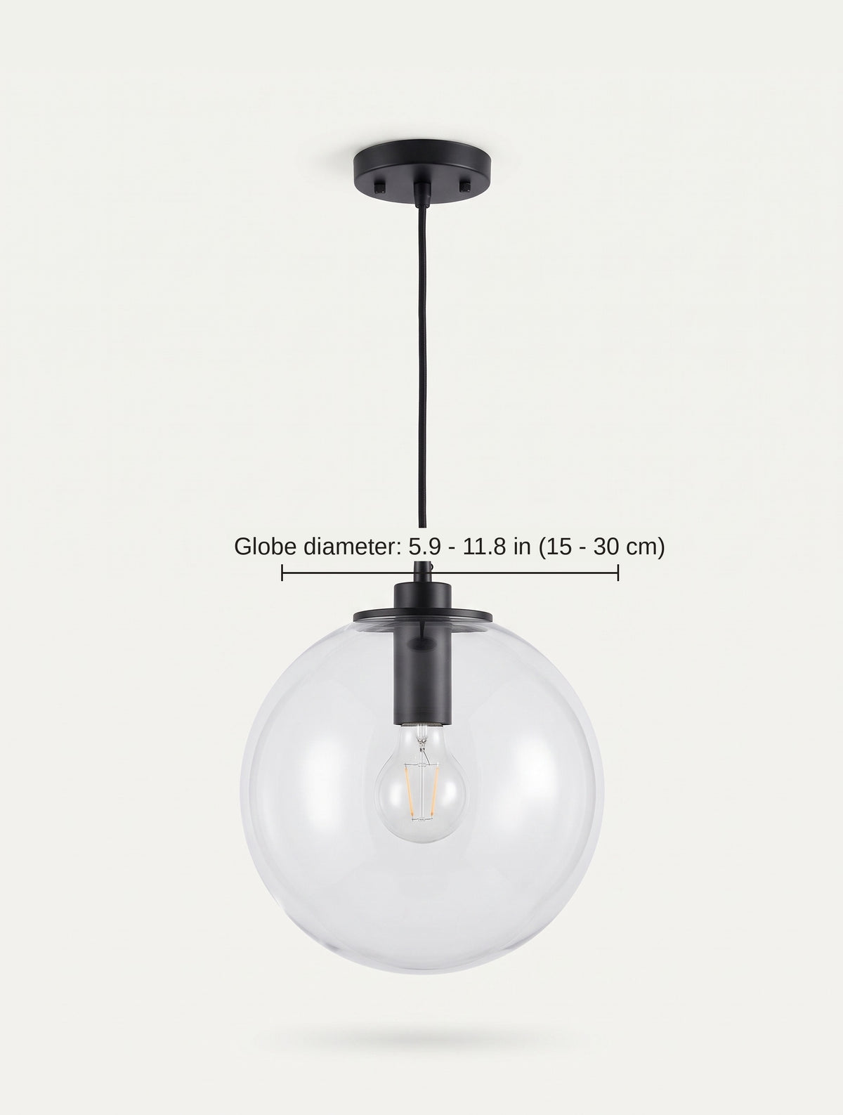 Dimension diagram of the clear glass globe pendant light showing globe diameters from 6 to 12 inches