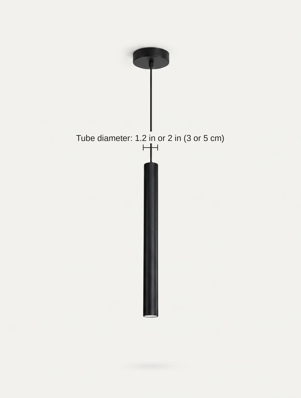 Dimension diagram of the slim tube pendant light showing tube diameters of 1.2 and 2 inches