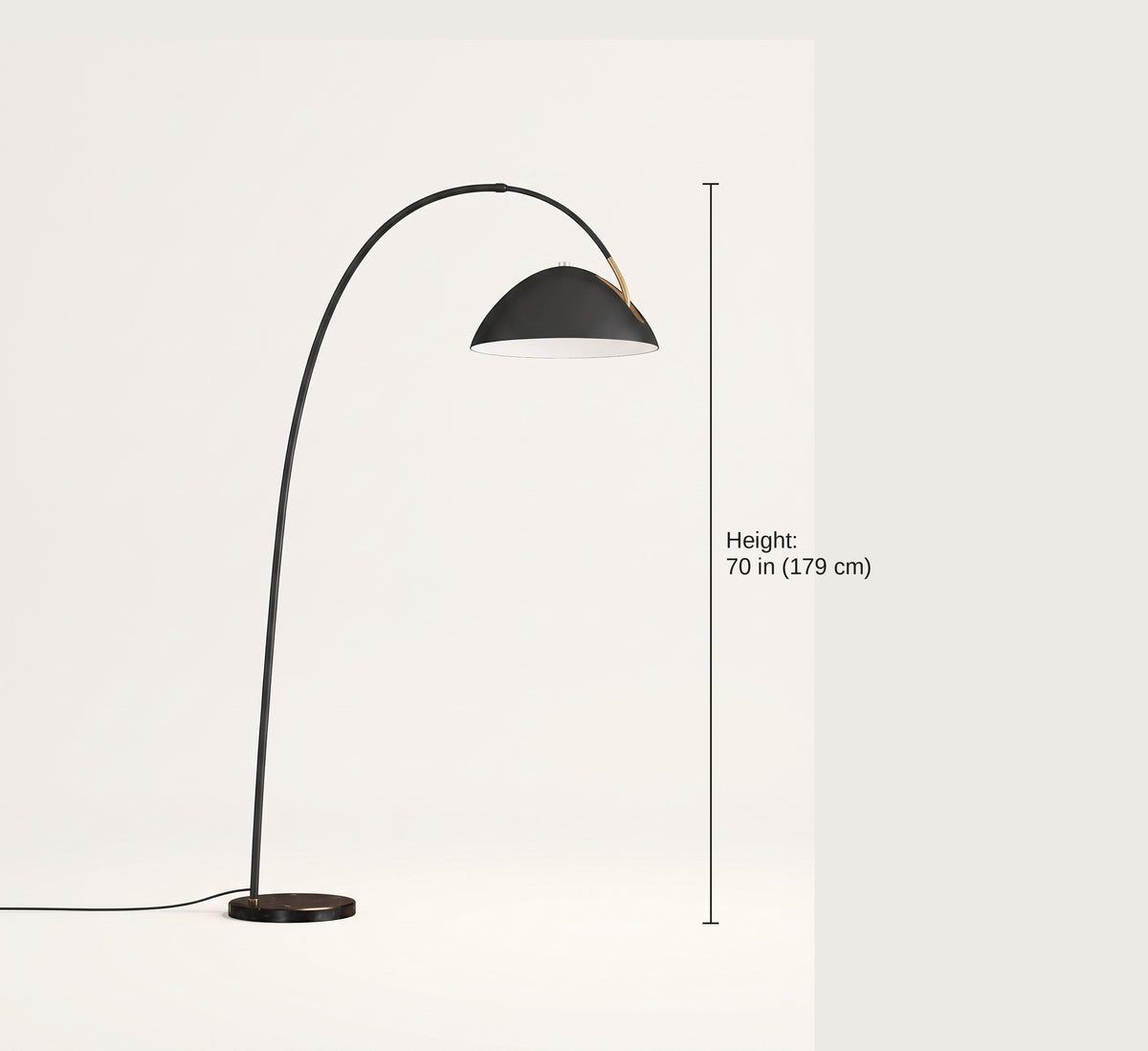 Arc floor lamp dimensions: 70 in (179 cm) tall with a 39 in reach