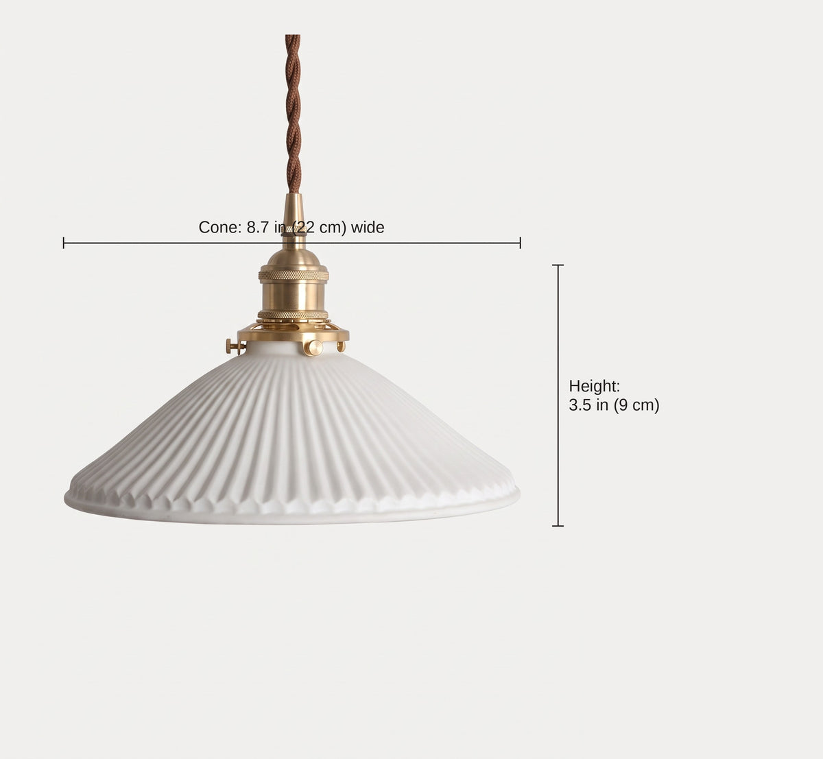 Ceramic pendant dimensions: cone 8.7 in (22 cm) wide and 3.5 in (9 cm) tall