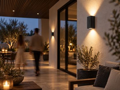 Modern black rectangular wall sconces mounted on a stucco wall, casting warm light outdoors on a patio at dusk, with blurred people walking in the background.