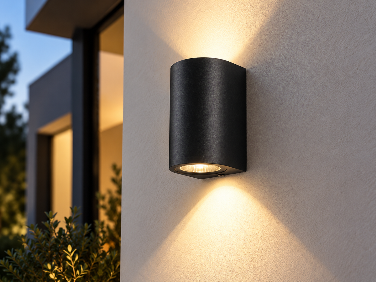 A modern black cylindrical outdoor wall light mounted on a textured beige stucco wall, casting a warm yellow light downward and upward at dusk.
