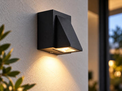 Faceted Short black aluminium outdoor wall light casting a warm downward beam on a rendered wall