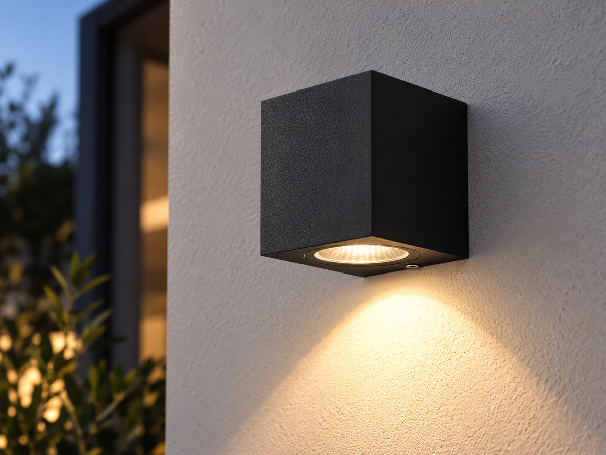 Cube black aluminium outdoor wall light casting a warm downward beam on an exterior wall