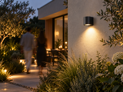 A modern black cylindrical outdoor wall light mounted on a stucco house wall, casting a warm yellow light downward in a landscaped garden at dusk. A blurred couple walks along a pathway in the background.