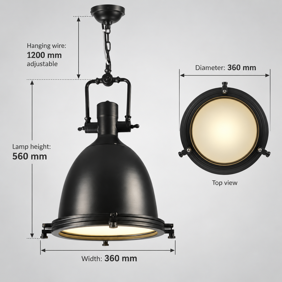 Nautical Industrial Dome Pendant for Kitchen Island, Glass Diffuser, Bulb Included, for Bar Counter, Restaurant, Dining Room, Black or Brass