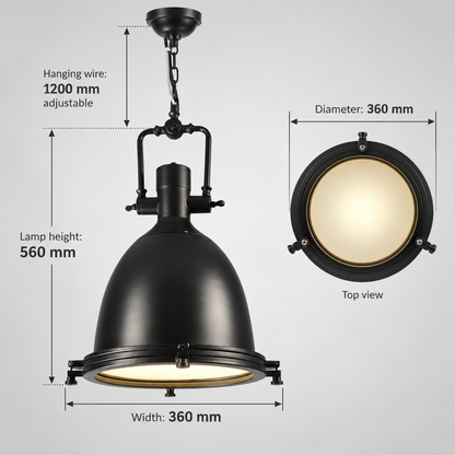 Nautical Industrial Dome Pendant for Kitchen Island, Glass Diffuser, Bulb Included, for Bar Counter, Restaurant, Dining Room, Black or Brass