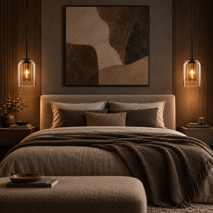 A styled bedroom scene with a bed dressed in taupe and brown bedding, flanked by matching nightstands and pendant lights, with a large abstract wall art piece above the headboard.