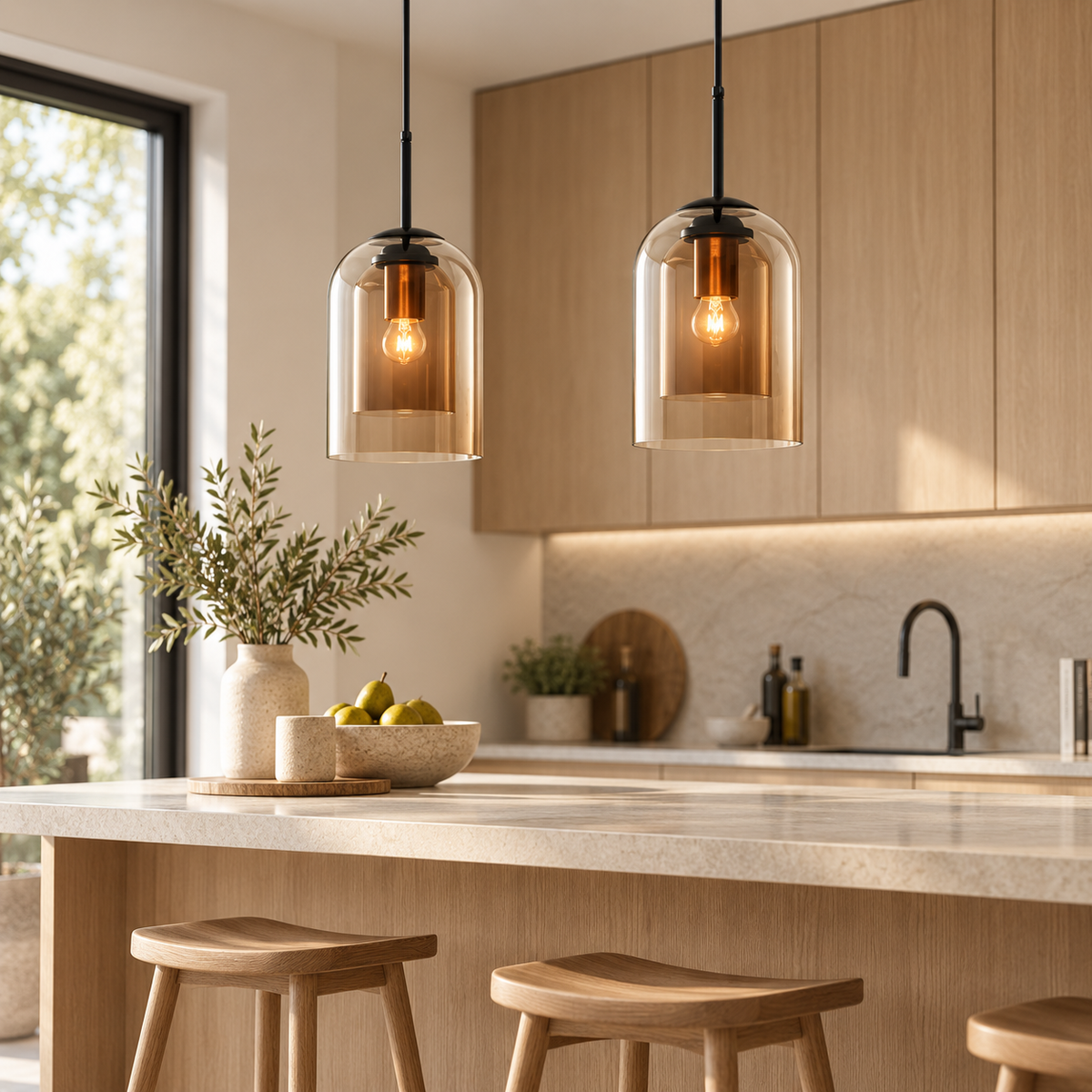 Two modern pendant lights with clear glass bell-shaped shades and black hanging rods, glowing with warm Edison bulbs, hanging over a light wood kitchen island in a bright, contemporary kitchen.