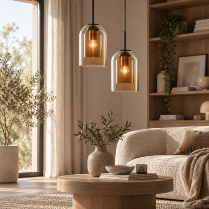 Two modern pendant lights with amber-tinted glass shades hanging over a cozy living room setup with a beige sofa, wooden coffee table, and warm ambient lighting.