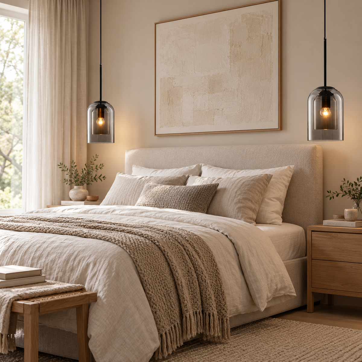 A beautifully styled bedroom featuring a bed dressed in neutral beige and cream linens with a textured throw blanket. Two modern glass pendant lights hang symmetrically above the bed, flanking a large abstract canvas painting on the beige wall.