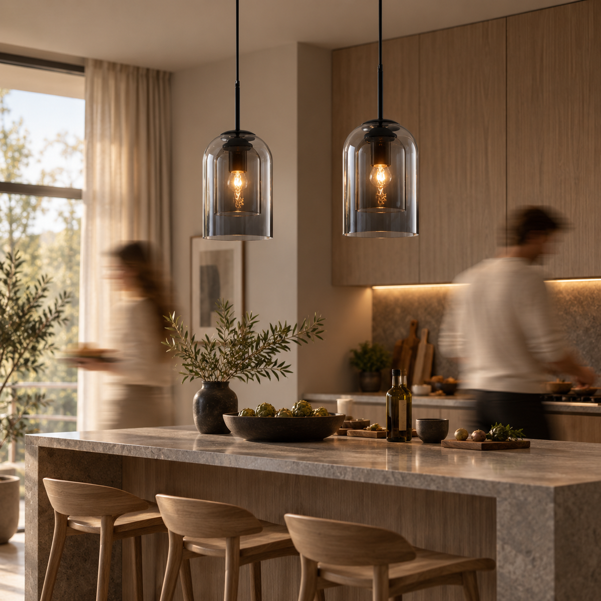 Two modern pendant lights with clear glass bell-shaped shades and black cords hang over a kitchen island in a warm, contemporary kitchen with blurred people in the background.