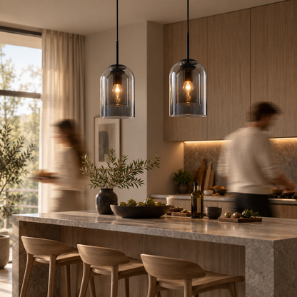 Two modern pendant lights with clear glass bell-shaped shades and black cords hang over a kitchen island in a warm, contemporary kitchen with blurred people in the background.