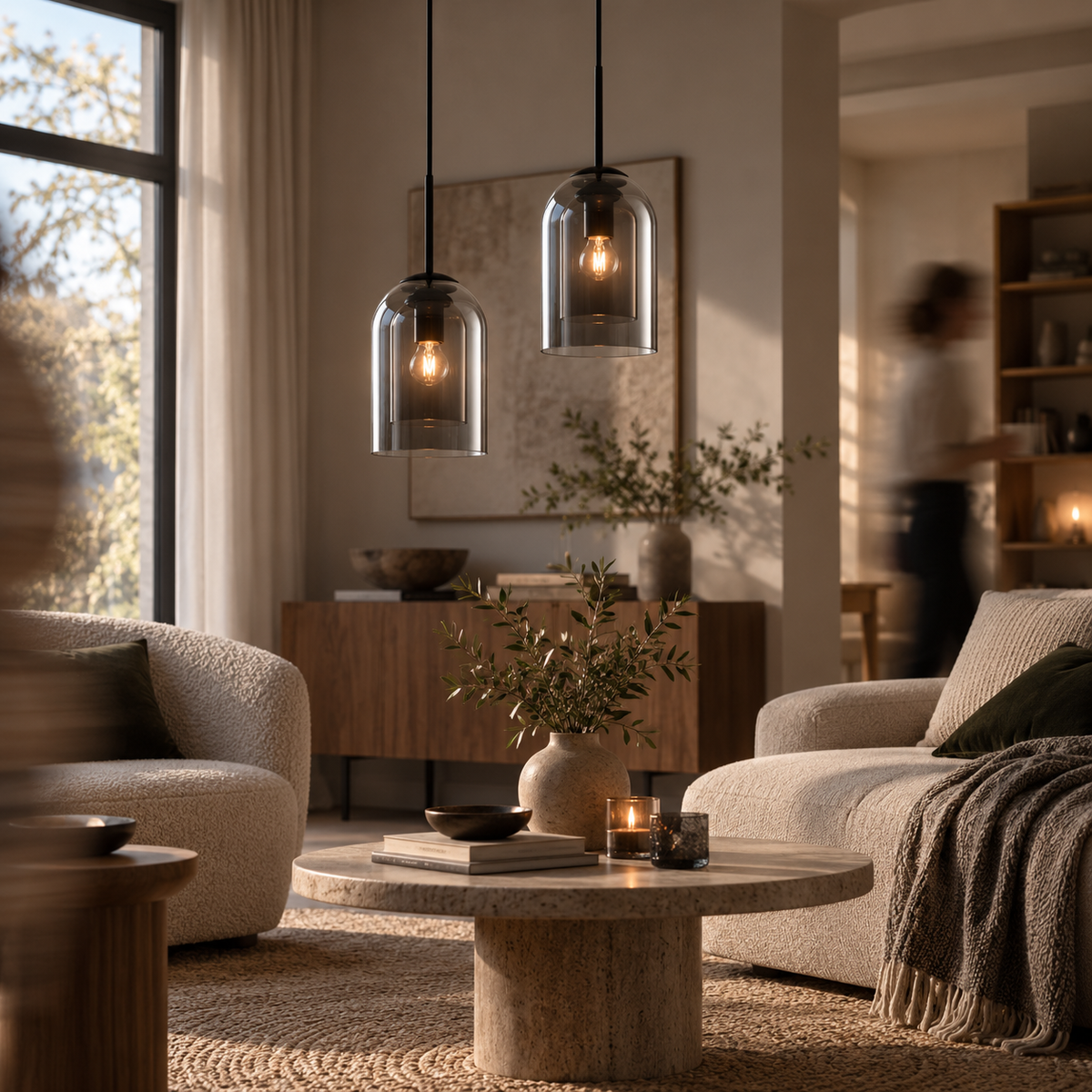 Two modern pendant lights with clear glass bell shades hang over a round stone coffee table in a warm, stylishly decorated living room with beige sofas and a wooden credenza.