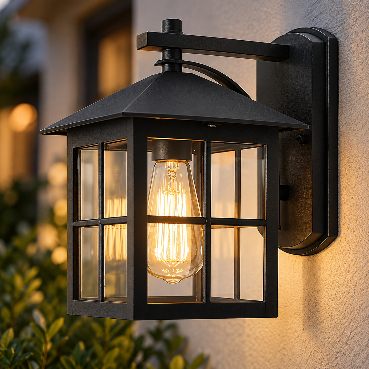 Black retro outdoor wall lantern with clear glass panels and a filament bulb, mounted on a rendered exterior wall