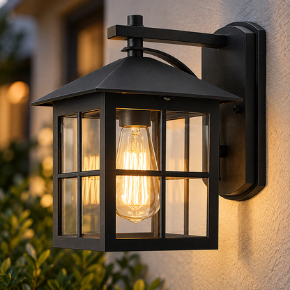 Black retro outdoor wall lantern with clear glass panels and a filament bulb, mounted on a rendered exterior wall
