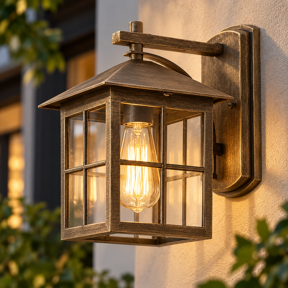 Antique bronze outdoor wall lantern with clear glass panels and a warm filament bulb, mounted beside a doorway