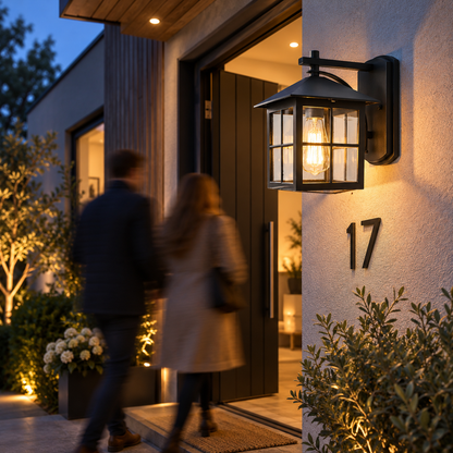 Black outdoor wall lantern lighting a front door at dusk as two people arrive at the house