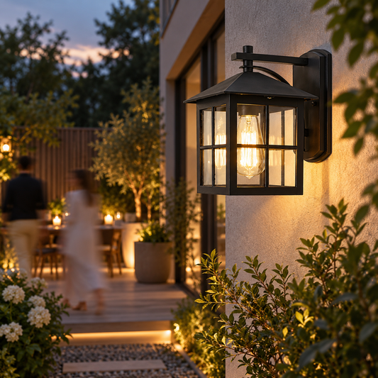 Black outdoor wall lantern on a garden wall above a patio at dusk, with a lit dining terrace behind