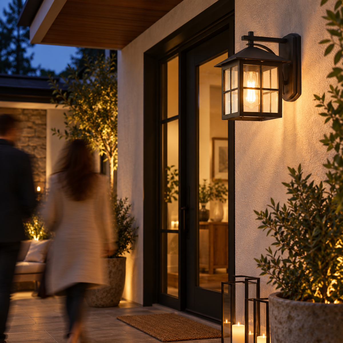Black outdoor porch lantern beside a glazed front door with planting and candle lanterns on the step