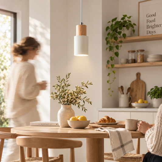 A modern pendant light with a white cylindrical shade and a natural wood cap hangs over a wooden dining table in a bright, warm kitchen. A woman is blurred in the background near a window, and another person is seated at the table with a mug.