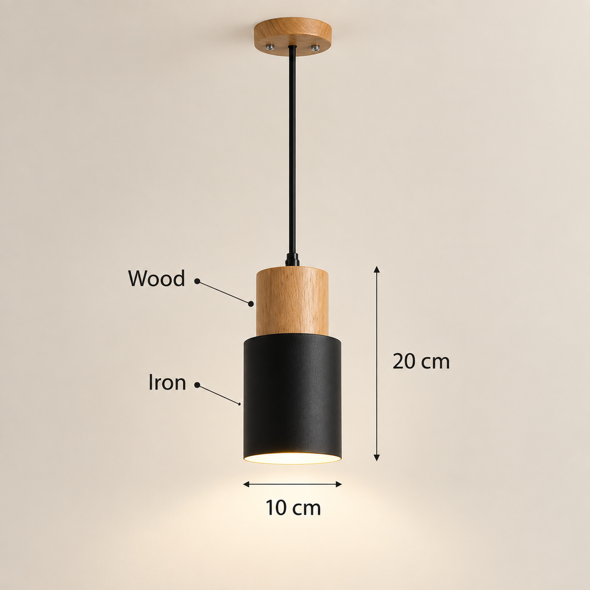 A pendant light fixture with a black cylindrical shade, a natural wood accent, and a wooden ceiling canopy, shown with dimension labels indicating 20 cm height and 10 cm width on a plain beige background.