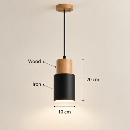 A pendant light fixture with a black cylindrical shade, a natural wood accent, and a wooden ceiling canopy, shown with dimension labels indicating 20 cm height and 10 cm width on a plain beige background.