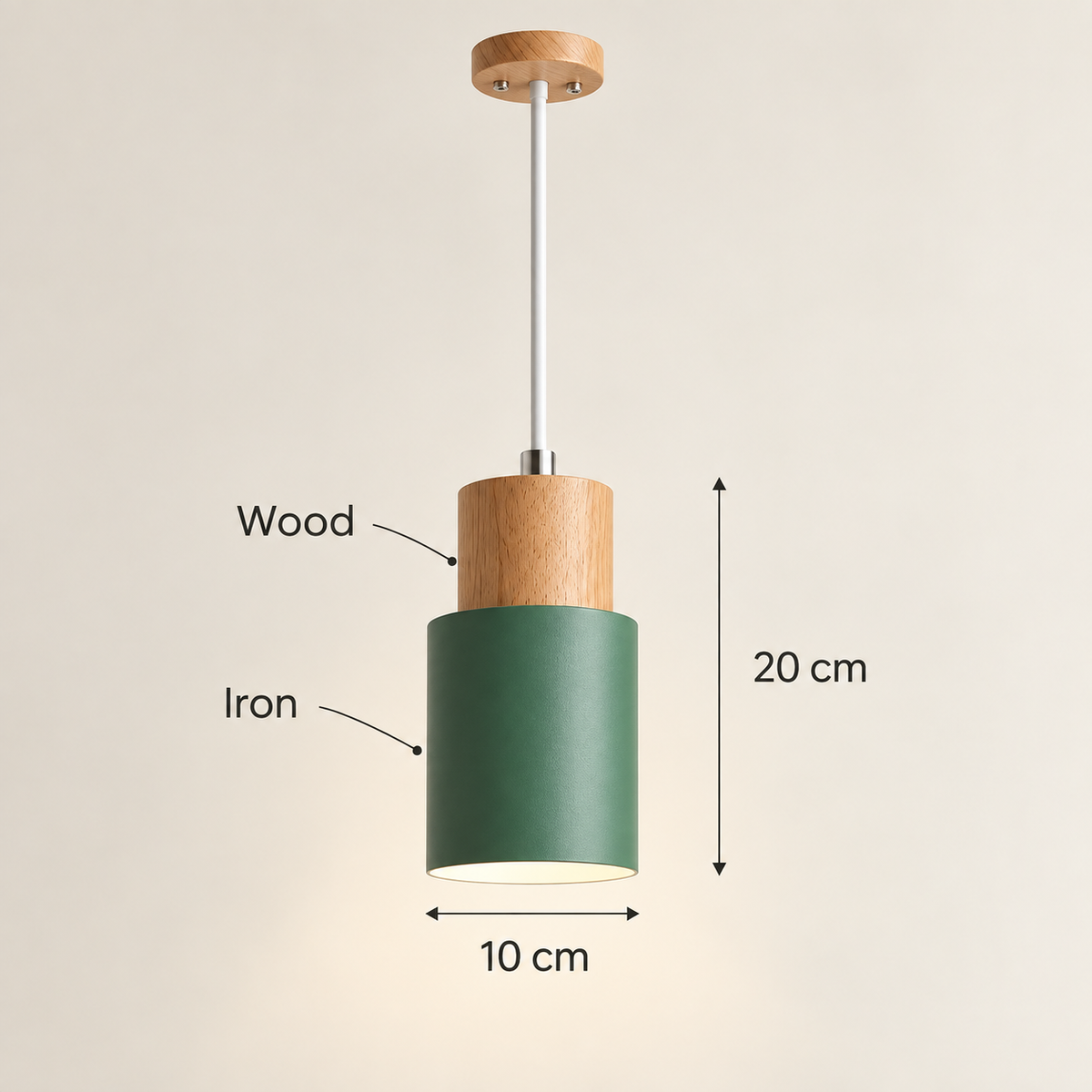 A pendant light fixture with a green iron cylinder shade, a natural wood top section, and a silver metal rod, shown with dimension labels indicating 20 cm height and 10 cm width on a light beige background.