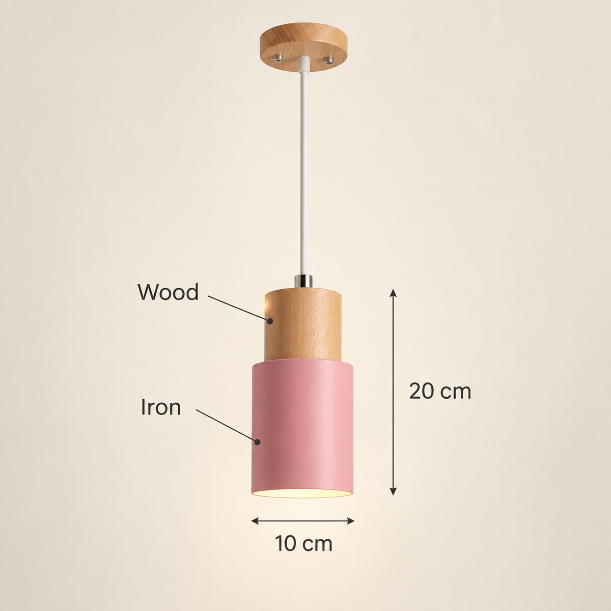 A pendant light with a pink cylindrical shade and a natural wood top, shown with dimension labels indicating 10 cm width and 20 cm height on a plain beige background.