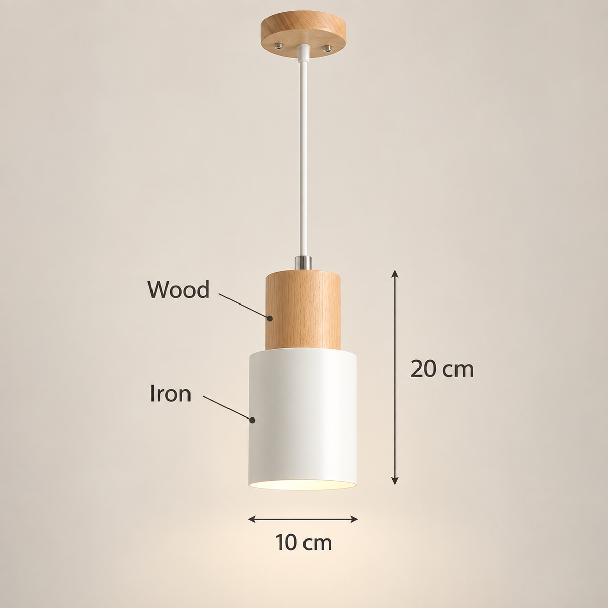 A pendant light fixture with a white cylindrical shade, a light wood accent cylinder, and a white hanging rod, shown on a plain beige background with dimension labels indicating 20 cm height and 10 cm width.