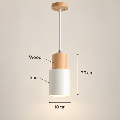 A pendant light fixture with a white cylindrical shade, a light wood accent cylinder, and a white hanging rod, shown on a plain beige background with dimension labels indicating 20 cm height and 10 cm width.