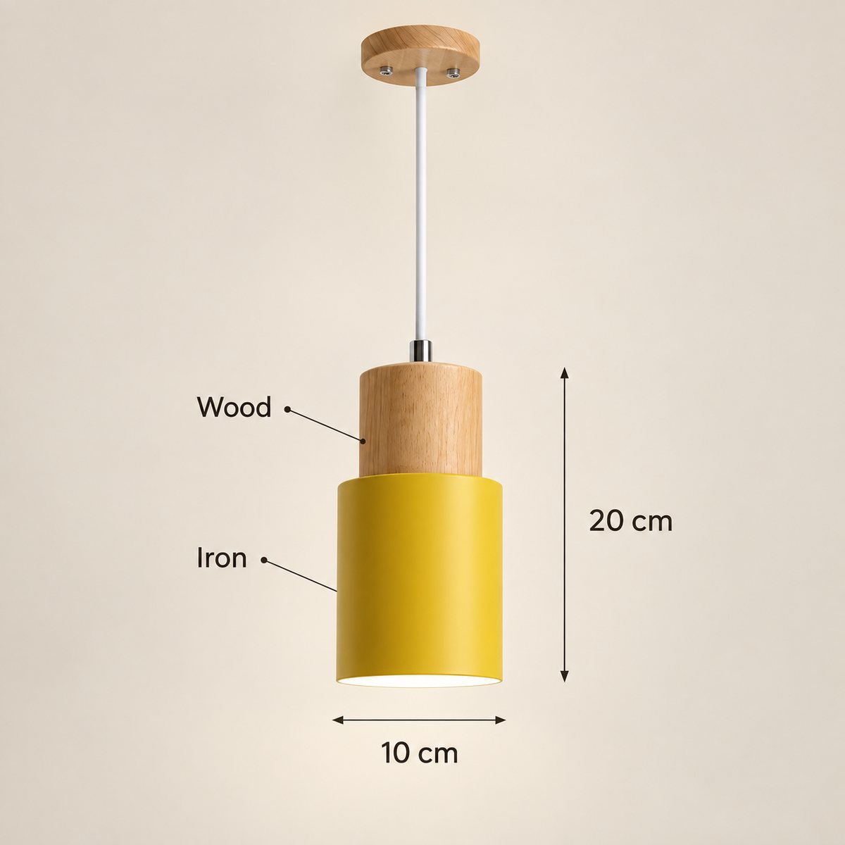 A pendant light fixture with a yellow cylindrical iron shade and a natural wood top section, shown with dimension labels indicating 10 cm width and 20 cm height on a plain beige background.