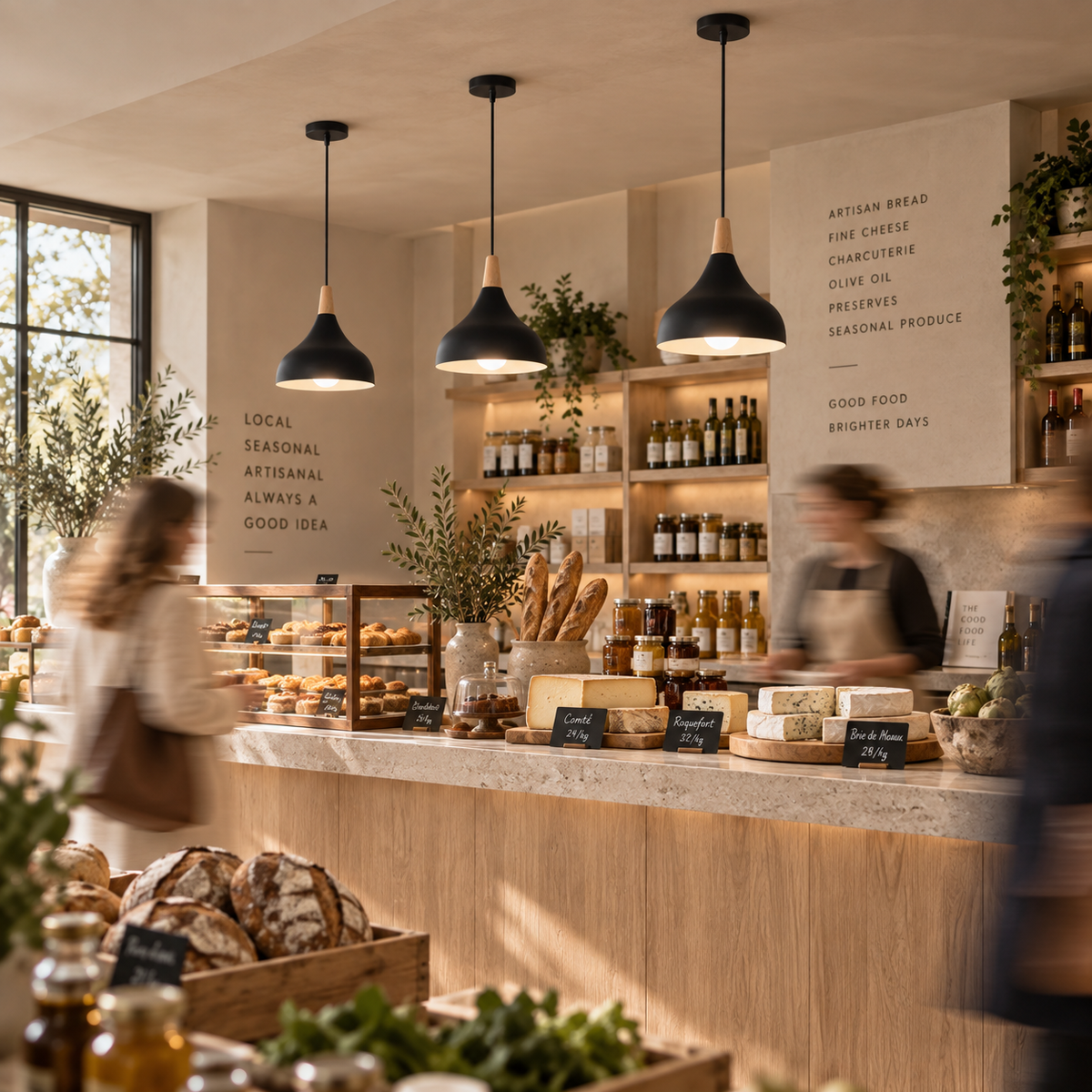 A warm, modern bakery interior with wooden counters, black pendant lights, shelves of packaged goods, and bread, cheese, and fruit displayed on and around the counter. Blurred customers are visible at the edges, indicating a real-world cafe or bakery environment.
