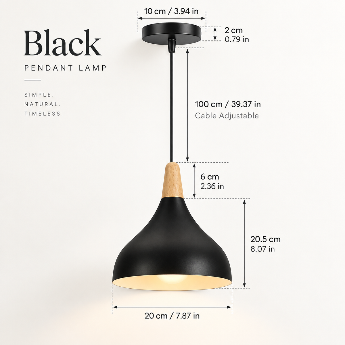 Black pendant lamp with adjustable cable, wood-toned neck, and illuminated shade, shown with multiple dimension callouts on a light background.