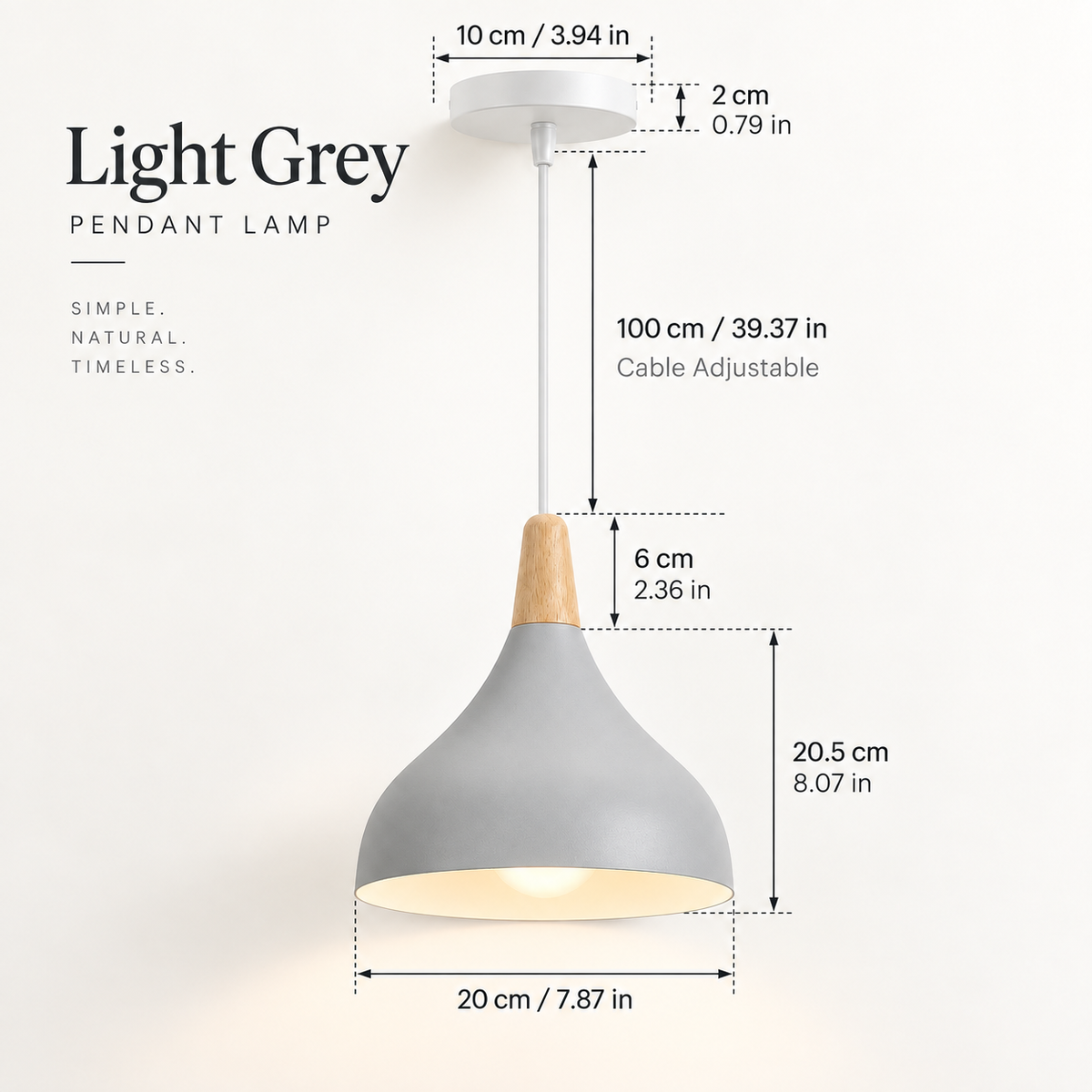 Light grey pendant lamp with dimension annotations showing measurements from ceiling canopy to shade bottom, cable length, and shade diameter, on a white background.