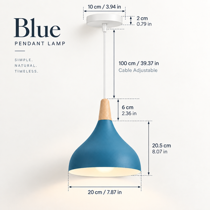 Blue pendant lamp with adjustable dimensions shown on a clean white background, including measurements for the shade, cord, and canopy.