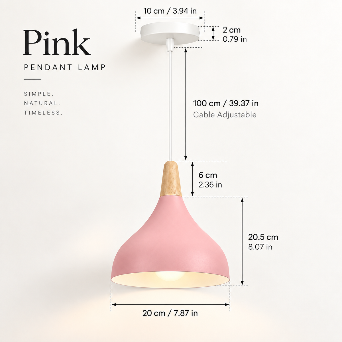 Pink pendant lamp with adjustable cable, wooden neck, and white ceiling mount, shown with dimension callouts on a white background.