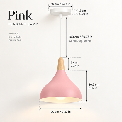 Pink pendant lamp with adjustable cable, wooden neck, and white ceiling mount, shown with dimension callouts on a white background.