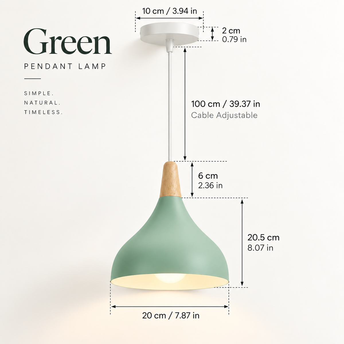 Green pendant lamp with adjustable dimensions shown on a clean white background, including measurements for the canopy, cable, shade, and wooden neck.