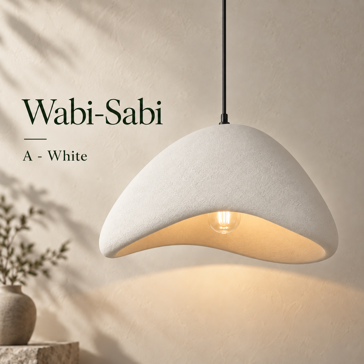 Wavy White shade option: wabi-sabi resin pendant light with an irregular hand-shaped edge, suspended on a black cord