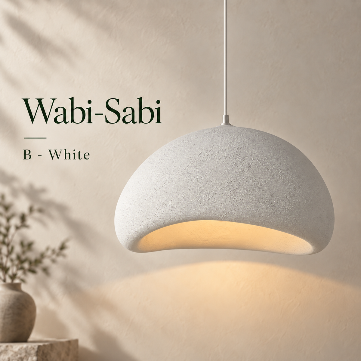 Dome White shade option: smooth white textured resin pendant light with a warm glow against a beige wall