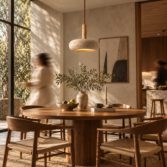 A warm, modern dining room scene featuring a round wooden dining table surrounded by woven-back chairs, under a textured pendant light. A blurred figure walks in the background near a large window, and a framed abstract print hangs on the wall.