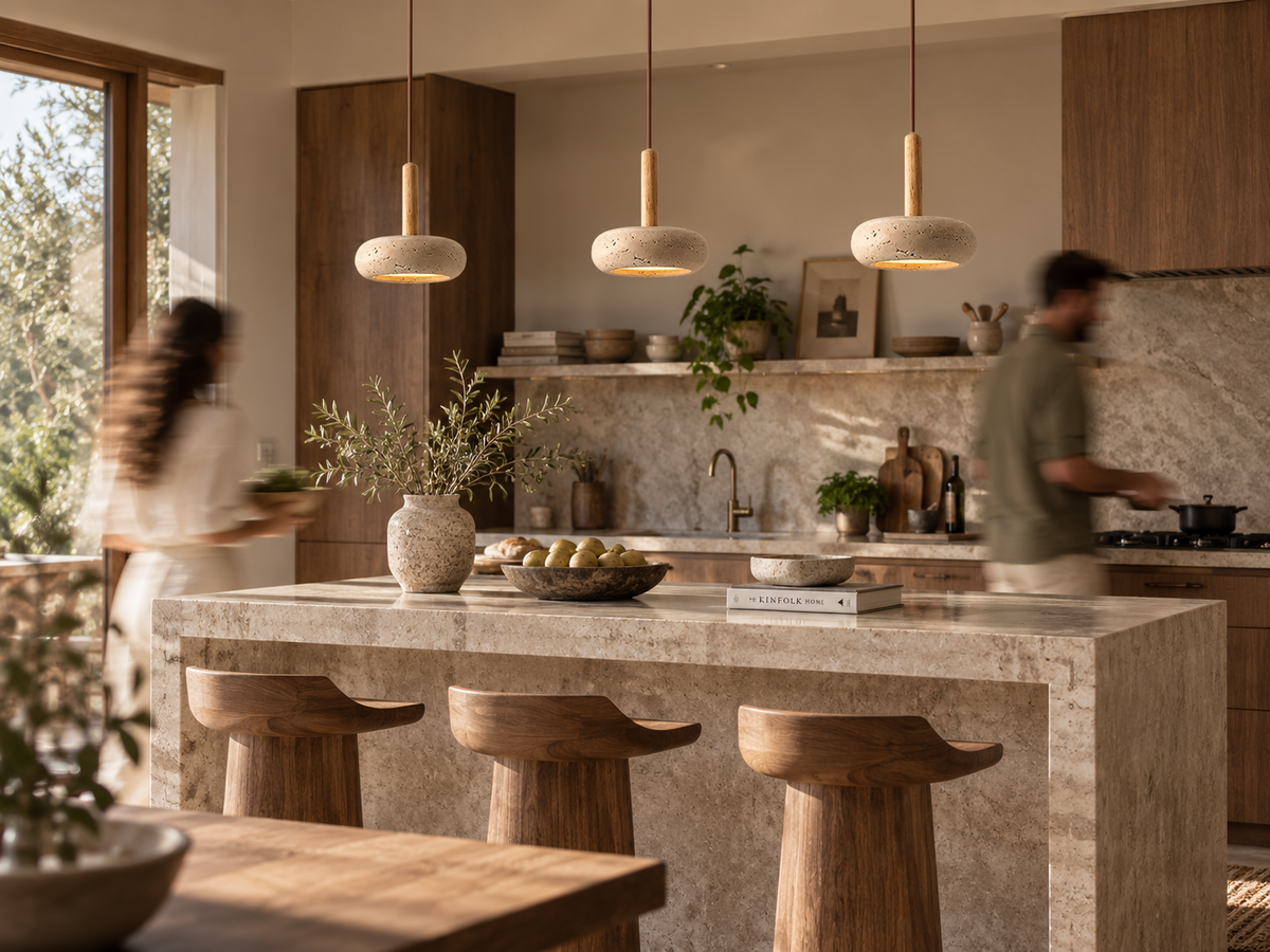 A modern kitchen interior with a large stone island, three pendant lights, wooden bar stools, and blurred people moving in the background near the windows.