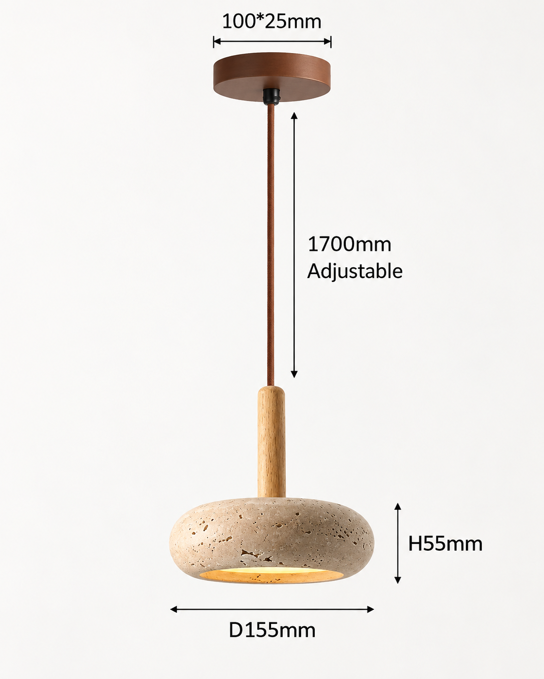 A pendant light fixture with a round concrete shade, a wooden stem, and a bronze ceiling canopy, shown with dimension labels including 1700mm adjustable height, 100*25mm ceiling mount, H55mm shade height, and D155mm shade diameter.