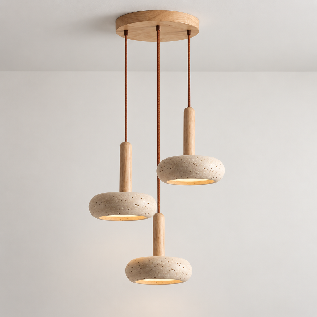Three travertine stone pendant lights clustered on a single round wood ceiling plate at staggered drops.
