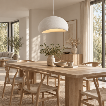 Large white wabi-sabi pendant light above an oak dining table with woven-back chairs in a modern dining room