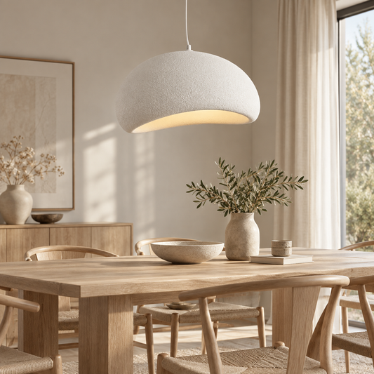 Wabi-sabi resin pendant light with a white textured dome shade, hanging over a light wood dining table in a bright minimalist dining room