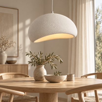 Grey textured resin pendant light glowing warm above a round wooden dining table, showing the stone-like matt surface of the shade