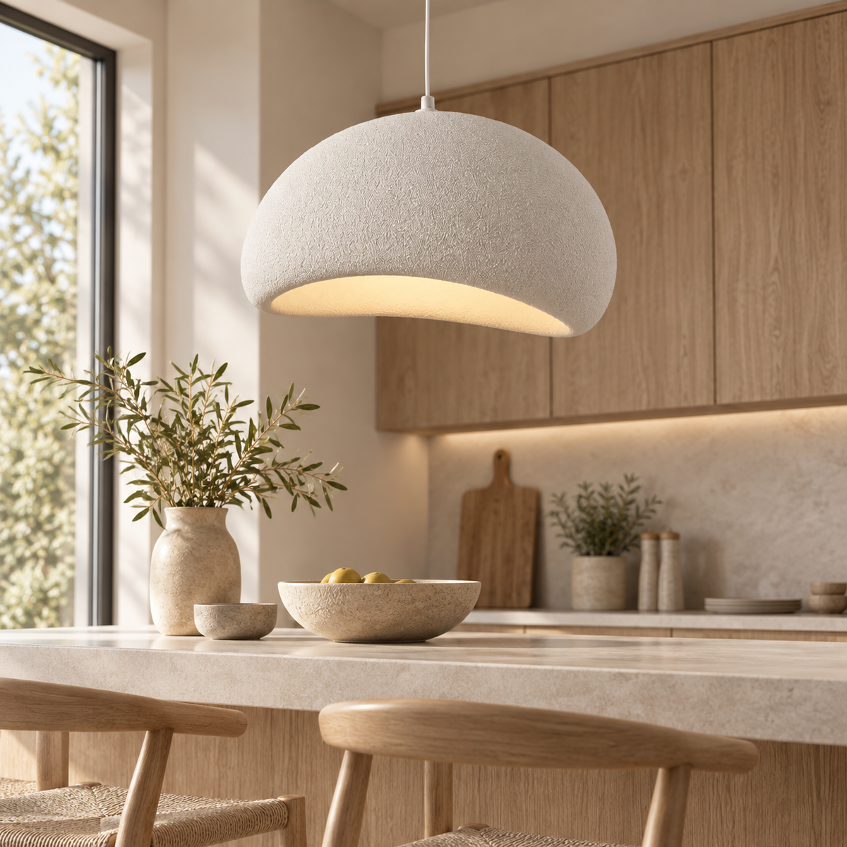Textured white dome pendant light lighting a kitchen island counter with a warm LED glow